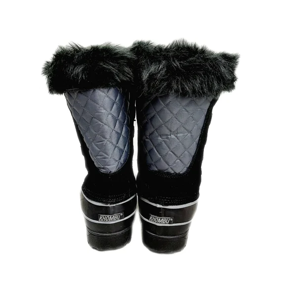 Black Leather Waterproof Womens Sz 9M Faux Fur Trim Lace Boots Khombu Nordic 2 - Picture 7 of 8